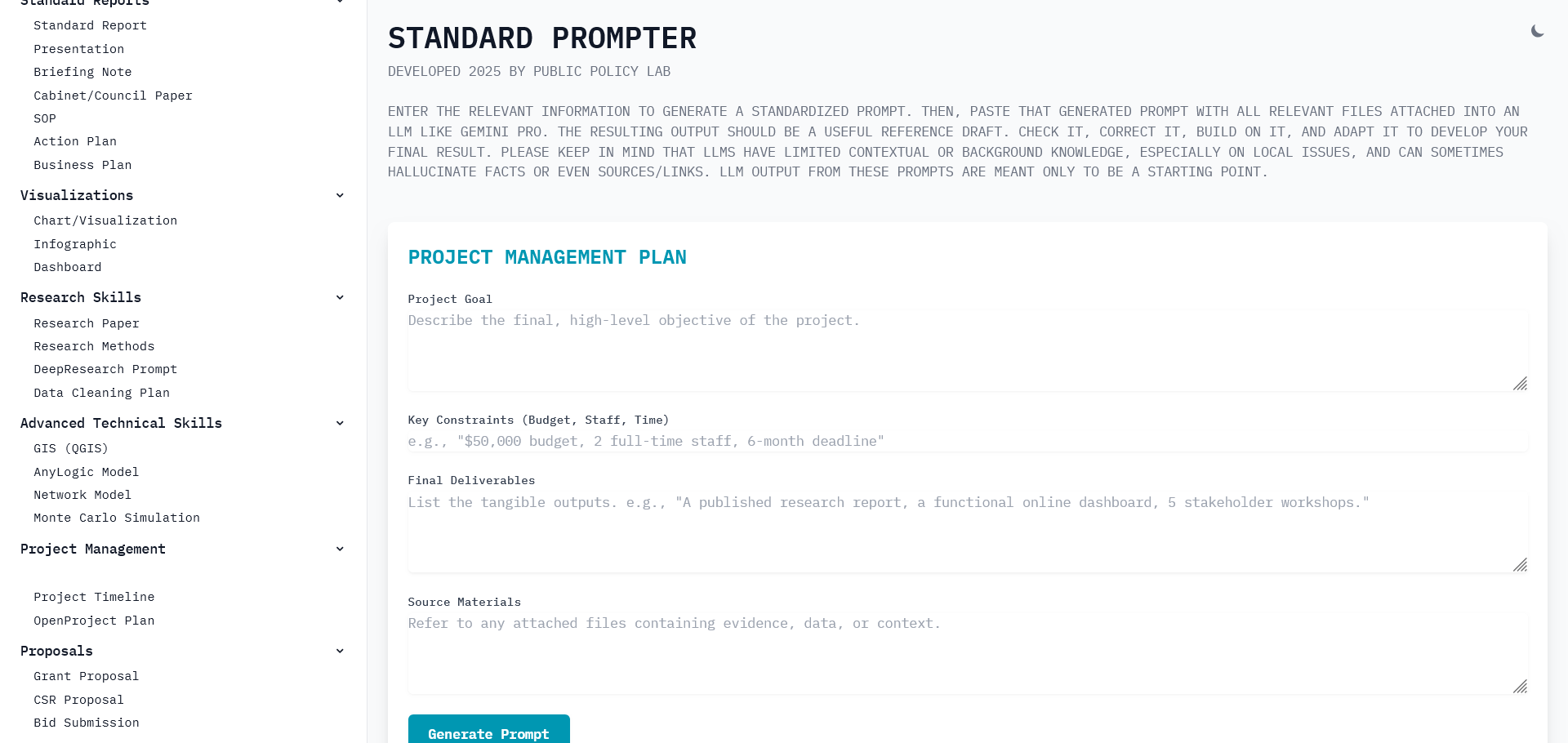 Standard Prompter — project management plan template